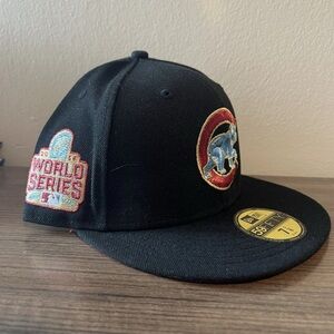New Era Chicago Cubs Fitted Hat Black Red UV Suede 2016 WS Patch 7 1/8 NWT Cap
